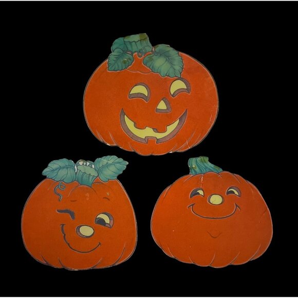 Vtg Felted Pumpkins Orange Fuzzy Double-Sided Halloween Cardboard Decorations Se - Picture 4 of 6